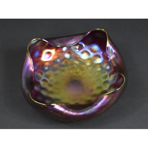 366 - A Studio Glass Iridescent Bowl of Crimped Form, Polished Pontil 16cm diameter