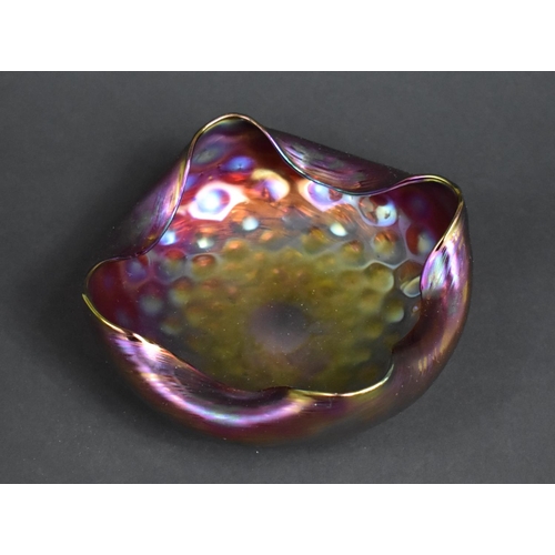 366 - A Studio Glass Iridescent Bowl of Crimped Form, Polished Pontil 16cm diameter