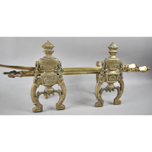 104 - A Pair of Cast Brass Fire Dogs together with an Unrelated Set of Brass Long Handled Fire Irons, POke... 