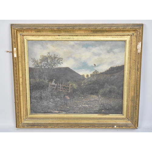 246 - A Gilt Framed Oil on Canvas, Nieve Landscape with Figure and Bull, 52x42cms