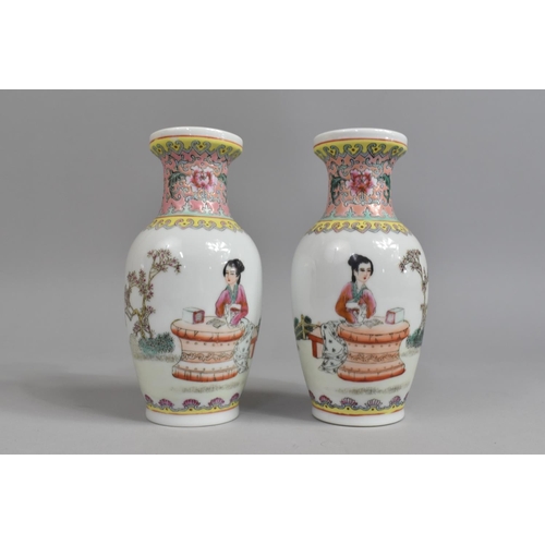 256 - A Pair of Chinese Porcelain Famille Rose Calligraphy Vases Decorated with Maiden in Garden, Red Seal... 