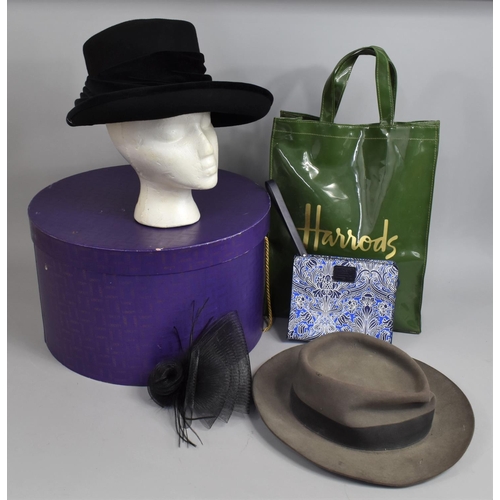 346 - A Liberty Hat Box Containing Two Hats, Fascinator Together with a Harrods Bag and a Liberty Bag