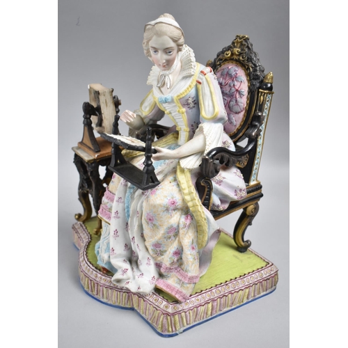 352 - A Heavy Continental Hand Painted Bisque Porcelain Study of Maiden Seated at Leisure Sewing Tapestry,... 