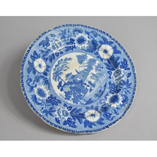 360 - A 19th Century Transfer Printed Blue and White Plate, Chinoiserie Scene with Figures and Mounted Zeb... 