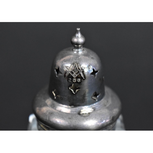 367 - Of Masonic Interest: A Cut Glass and Silver Plated Shaker, the Plated Top of Acorn Form with Star Cu... 