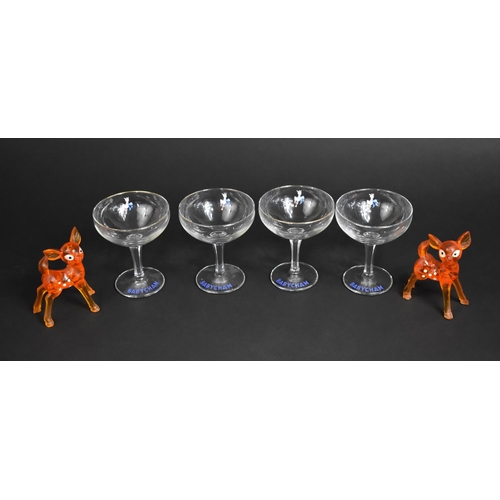 368 - A Set of Four Babycham Glasses Together with Two Plastic Advertising Deer Figures