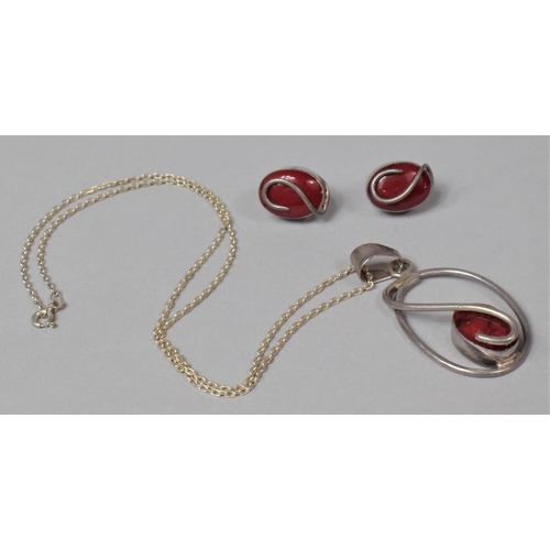 376 - A Suite of Silver and Red Jasper Jewellery to Include Earrings and Pendant Necklace