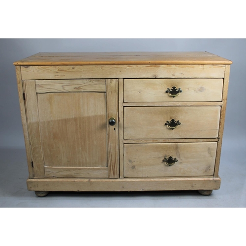 471 - A Late 19th/Early 20th Century Stripped Pine Sideboard with Three Drawers and Side Shelved Cupboard,... 