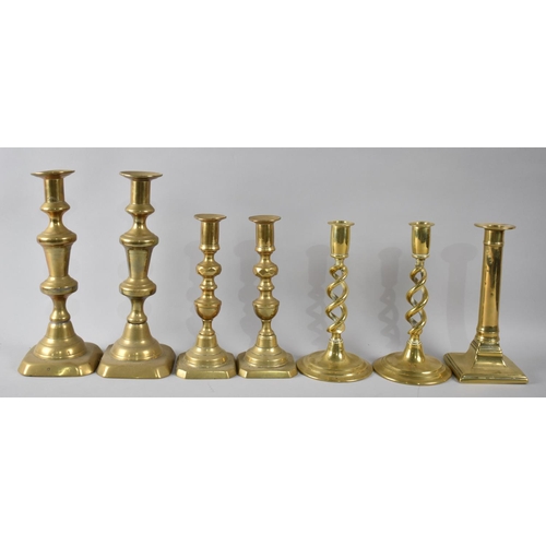 63 - Three Pairs of 19th Century Brass Candlesticks and a Single Example