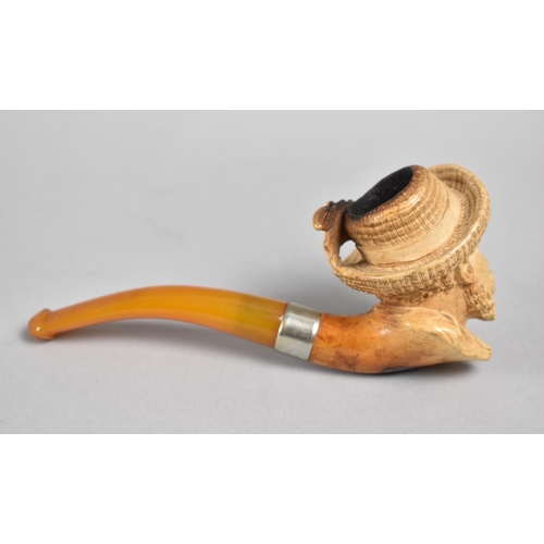 70 - A Carved Meerschaum Pipe with Amber Mouthpiece, Bowl in the Form of Bearded African Gent with Feathe... 