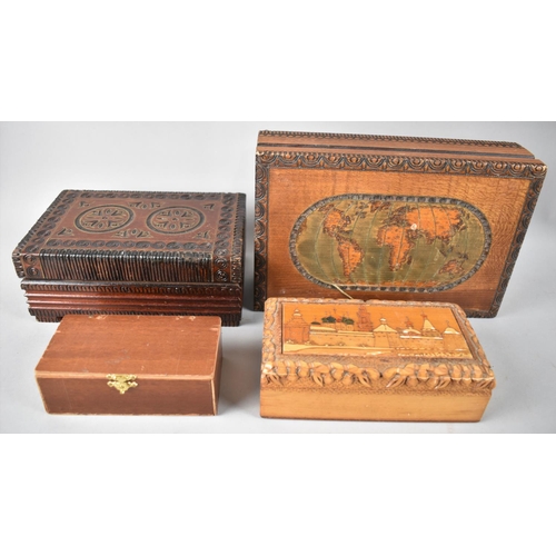 77 - A Collection of Four Wooden Cigarette Boxes, One Musical