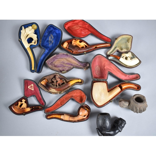 78 - A Collection of Cased Carved Meerschaum and Other Pipes, Most with Condition Issues