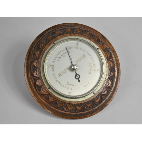 82 - An Edwardian Carved Oak Circular Wall Barometer, 18cms Diameter