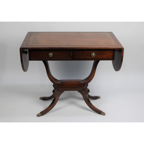 447 - A Late 20th Century Mahogany Drop Leaf Side Table with Two Drawers, Tooled Leather Inserts and Brass... 