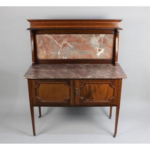 454 - An Edwardian String Inlaid Mahogany Marble Topped Washstand with Marble Gallery Back, 105cms Wide