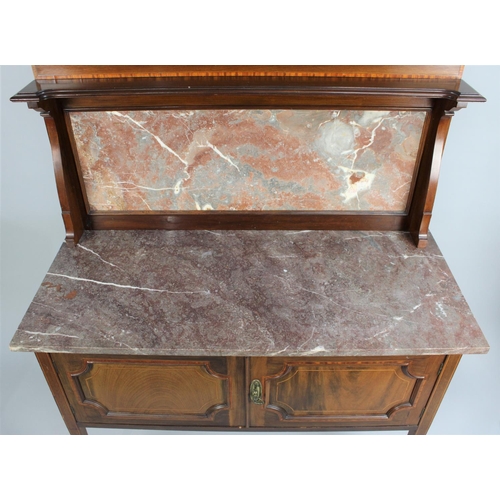 454 - An Edwardian String Inlaid Mahogany Marble Topped Washstand with Marble Gallery Back, 105cms Wide