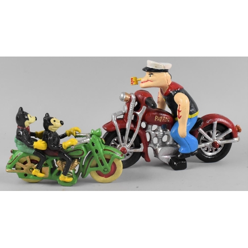 160 - Two Reproduction Painted Cast Metal Figures, Popeye on Motorcycle and Mickey and Mini Mouse on Motor... 