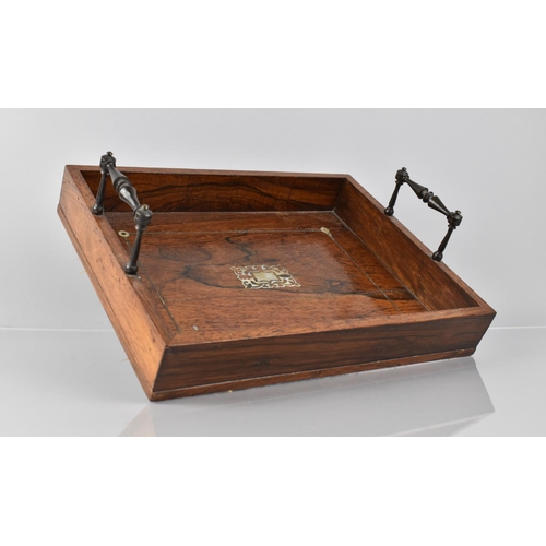 71 - A Late 19th Century Rosewood Pen Tray with Mother of Pearl Inlay having Two Carrying Handles, 33x26c... 