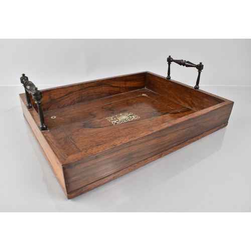 71 - A Late 19th Century Rosewood Pen Tray with Mother of Pearl Inlay having Two Carrying Handles, 33x26c... 