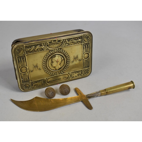 104 - A Princess Mary Christmas 1914 Tin Containing Souvenir Trench Art letter Opener for Dunkirk and Two ... 