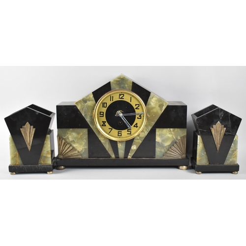 112 - A French Art Deco Clock Garniture in Slate and Green Onyx, Some Condition Issues, Clock 39cms Wide