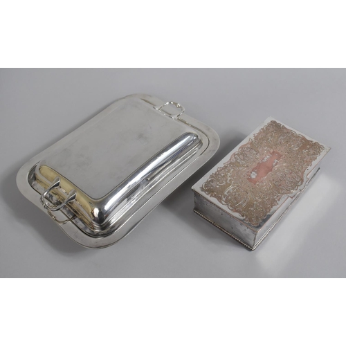 130 - A Silver Plated Two Division Cigarette Box by Viners together with a Silver Plated Entree Dish