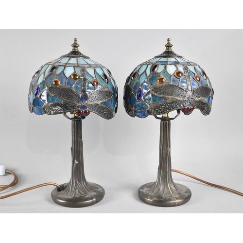 131 - A Pair of Reproduction Dragonfly Tiffany Style Table Lamps, One Shade Detached, 35cms High