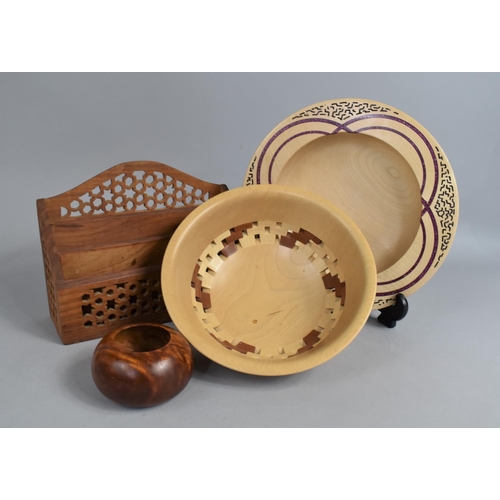 174 - Two Decorated Wooden Bowls and a Pierced Far Eastern Stationery Rack