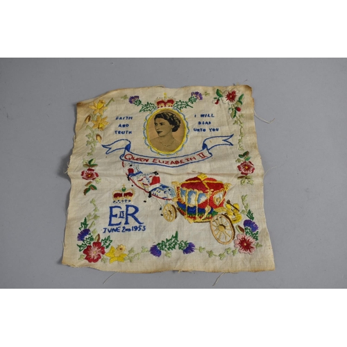 212 - A Silk Embroidered Panel to celebrate QEII Coronation, 22x25cms