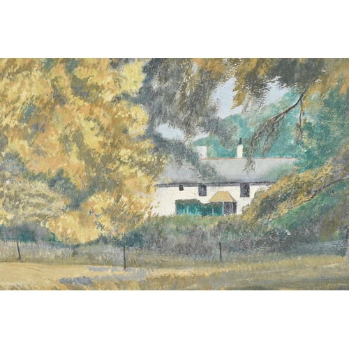 234 - A Large Gilt Framed Oil on Board, White painted Farmhouse on Trees, 80x55cms