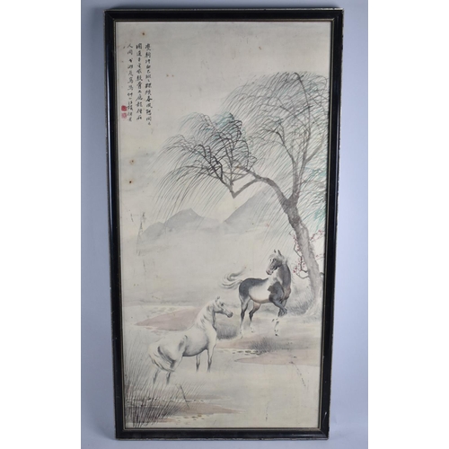 236 - A Framed Chinese Print, Horses, 37x75cms