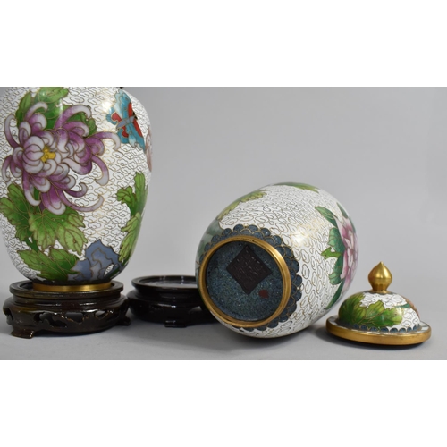 250 - A Pair of Modern Chinese Cloisonne Enamelled Vases on Wooden Stands, 20cms High