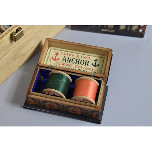 281 - A Vintage Wooden Box Containing Cottons, Needle Case and Other Sewing Accessories