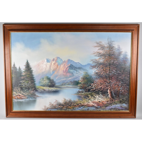 301 - A Large Framed Oil on Canvas Signed W Jenkins Depicting Alpine Scene, 90x60cms