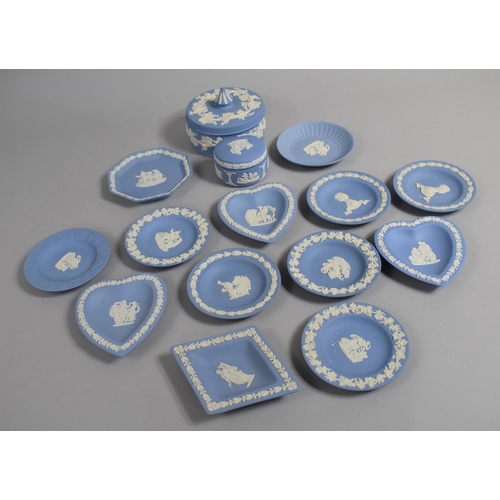 317 - A Collection of Wedgwood Jasperware to include circular and heart shaped pin dishes, 2 lidded boxes.