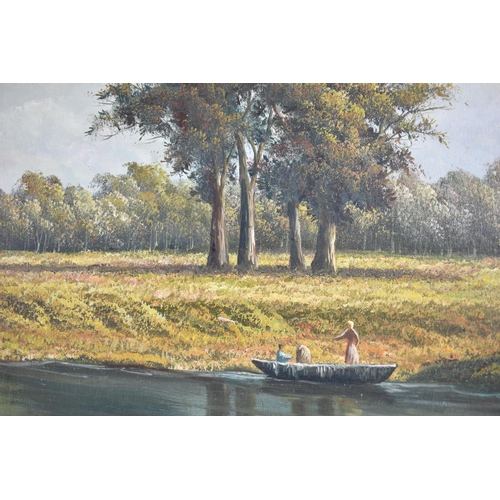 326 - A Large gilt framed oil on canvas depicting figures on boat in river, signed P Wilson, 90 x 60 cm.