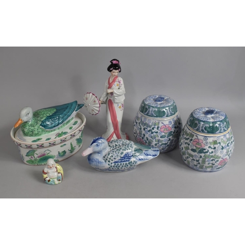 355 - A Collection of Various Oriental and Eastern Ceramics to include Hand Painted Duck Ornament, Two Lid... 