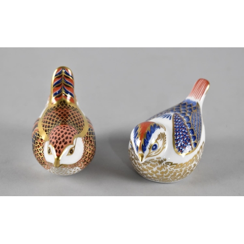 411 - Two Royal Crown Derby Bird Paperweights, One with Gold Button, Wren with Silver Button