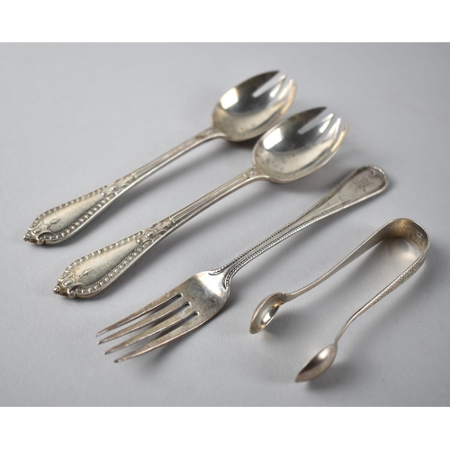 424 - A Collection of Various Victorian and Edwardian Silver Items, Spoons, Fork and Sugar Bow, 127gms