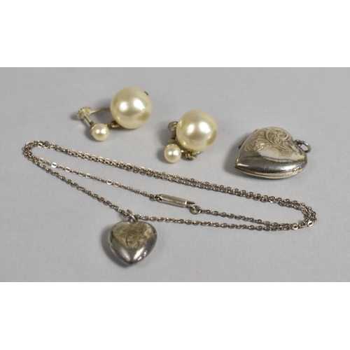 447 - A Pair of Silver and Pearl Earrings and Two Silver Heart Shaped Lockets