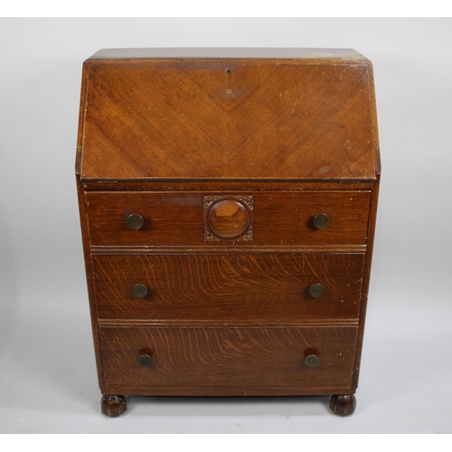 529 - A Mid 20th Century Oak Fall Front Bureau with Three Drawers, 76cms Wide