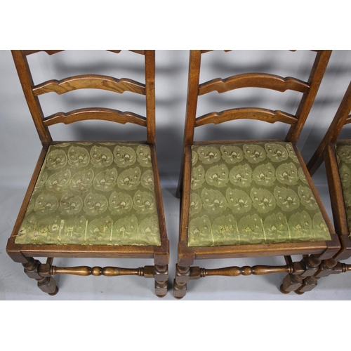 556 - A Set of Four Mid 20th Century Ladder Back Dining Chairs, One Seat Requiring Attention