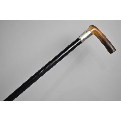 69 - A Silver Mounted Horn Handled Ebony Shafted Walking Stick, Hallmarked For A and R, Chester 1924