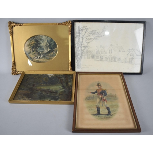 79 - A Collection of Pictures to include Oil of Wooded Stream, Military Print, Pencil Drawing Etc