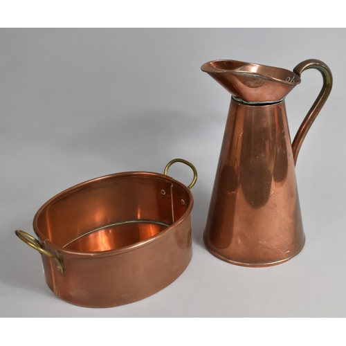 85 - A Vintage Copper Ewer, Together with an Oval Copper Cooking Pan with Two Brass Handles