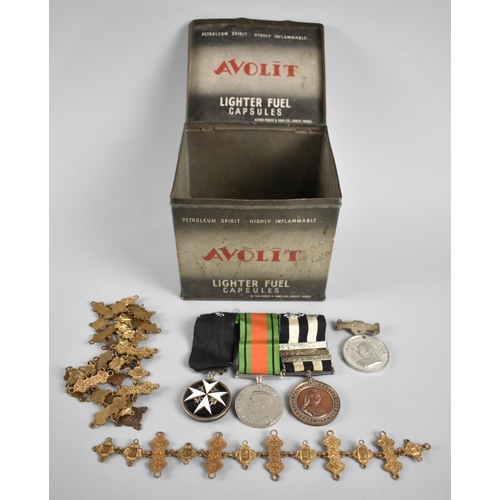 97 - A Vintage Tin containing An Order of St. John Group of Three WW2 Medals, Serving Brothers Breast Bad... 