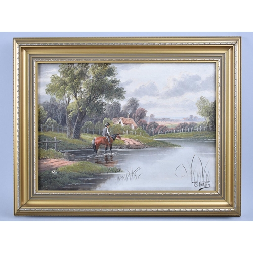 150 - A Framed Oil on Canvas, Man on Horseback in River, Signed W Horton, 35x25cm, Small Puncture Mark Bot... 