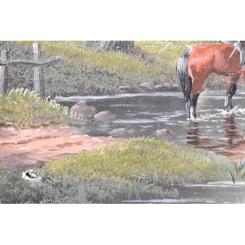 150 - A Framed Oil on Canvas, Man on Horseback in River, Signed W Horton, 35x25cm, Small Puncture Mark Bot... 