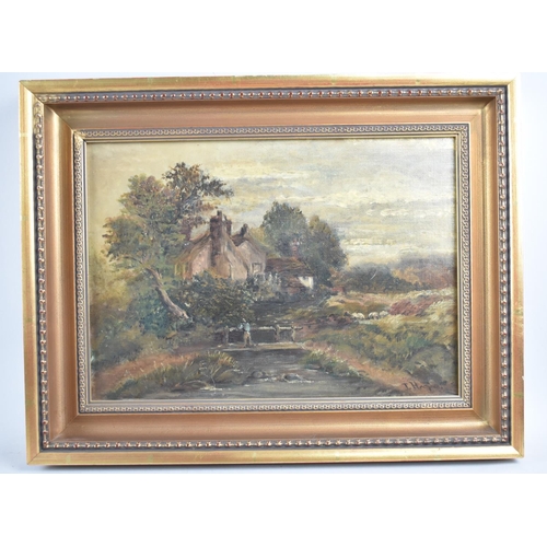 151 - A Gilt Framed Oil on Canvas Depicting Figure on Bridge Beside Cottage, Signed I Hooper, 34x24cm