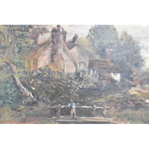 151 - A Gilt Framed Oil on Canvas Depicting Figure on Bridge Beside Cottage, Signed I Hooper, 34x24cm